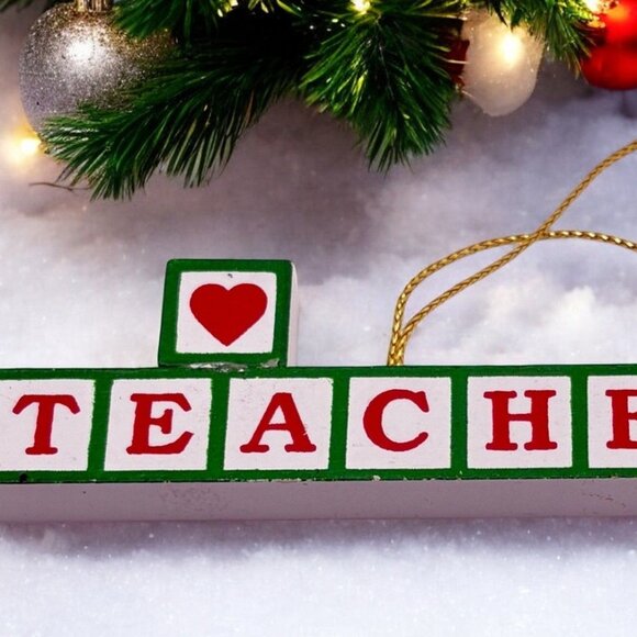 Vintage Wooden Love My Teacher Christmas Ornament Gift Letter Blocks - Picture 1 of 6